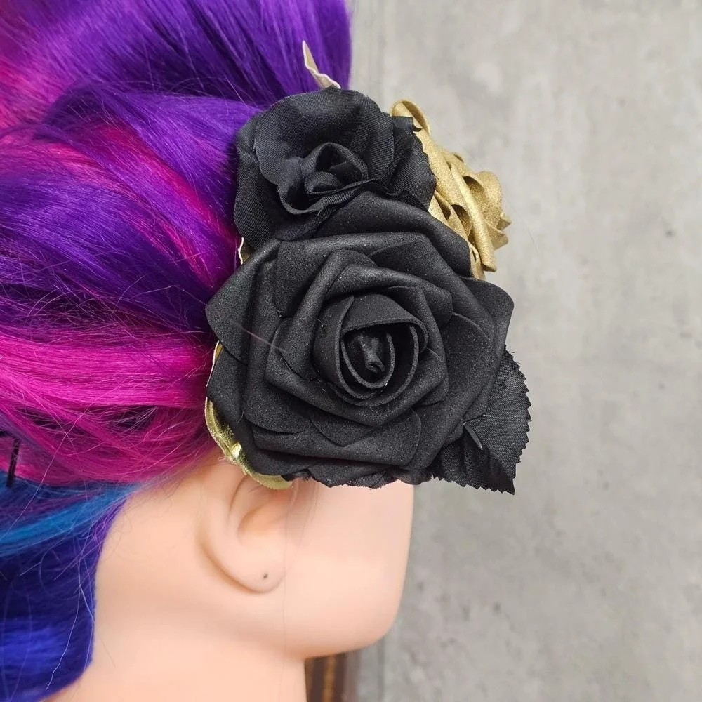 Handmade Black Gold‎ Rose Hair Clip Gothic Glam Floral Fascinator Rockabilly